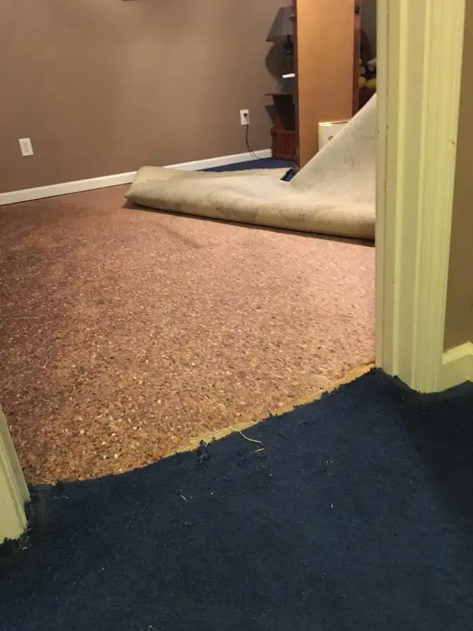 Carpet pad removal revealing water damage during Water Mitigation Services in Hermosa Beach